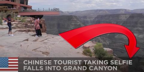 A Chinese tourist's plan to take a selfie by the rim of the Grand Canyon fell through, well in this case, more—over.